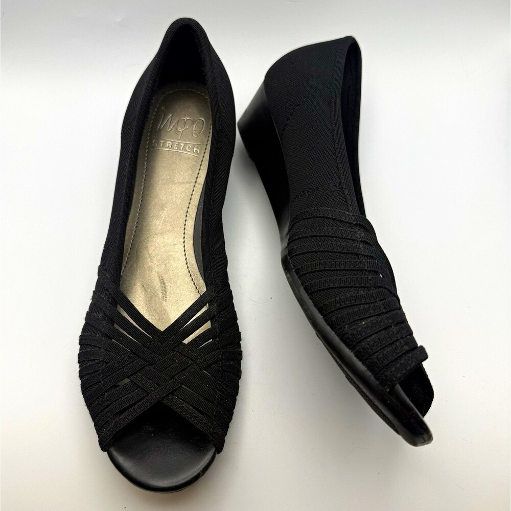 Impo Stretch Women's Black Peep Toe Wedge Shoes Criss Cross Straps Sz 8M Comfort
